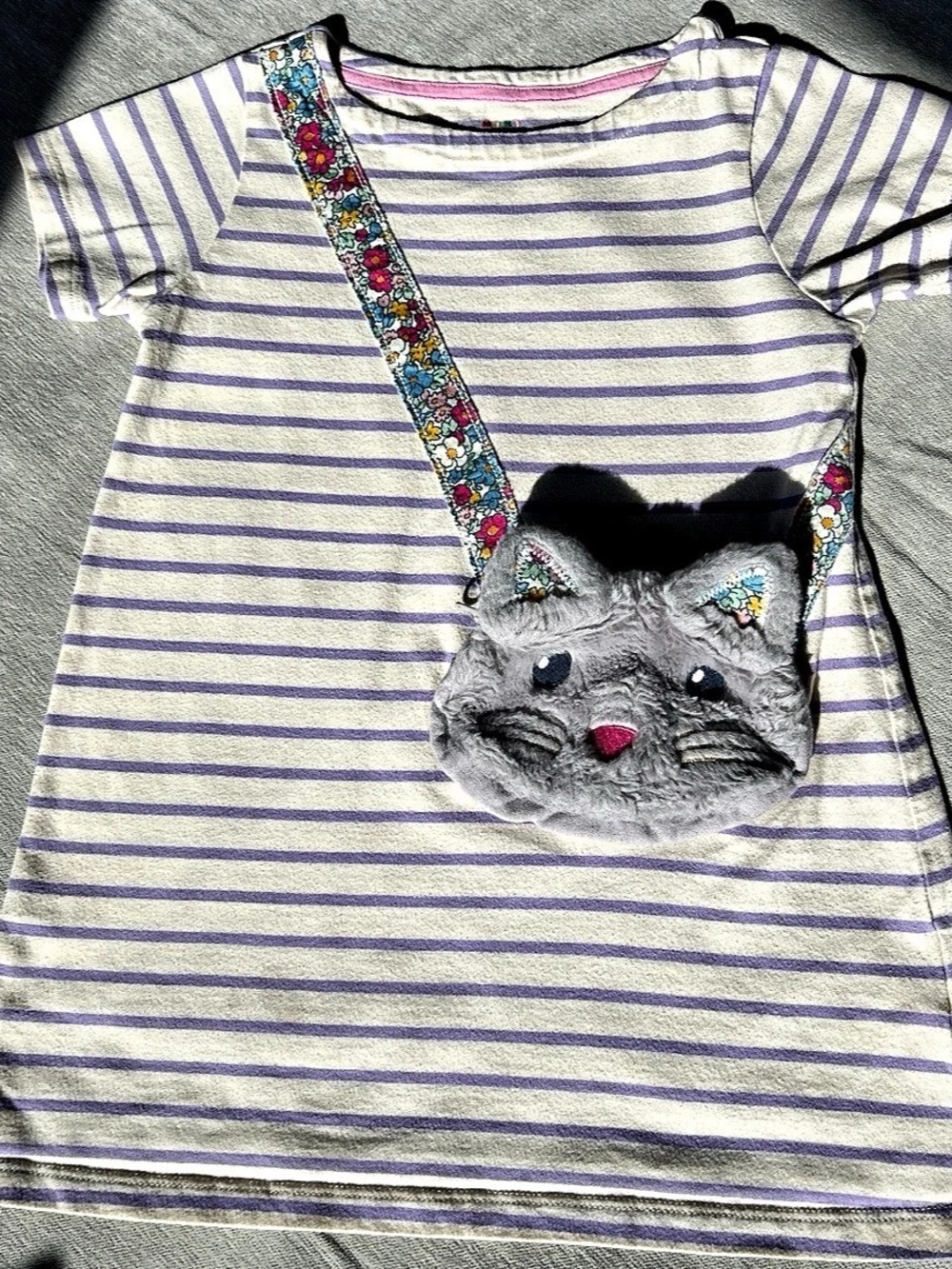 Mini Boden Striped Top 3D Kitty Cat Zip Crossbody Purse Pocket 5-6Y